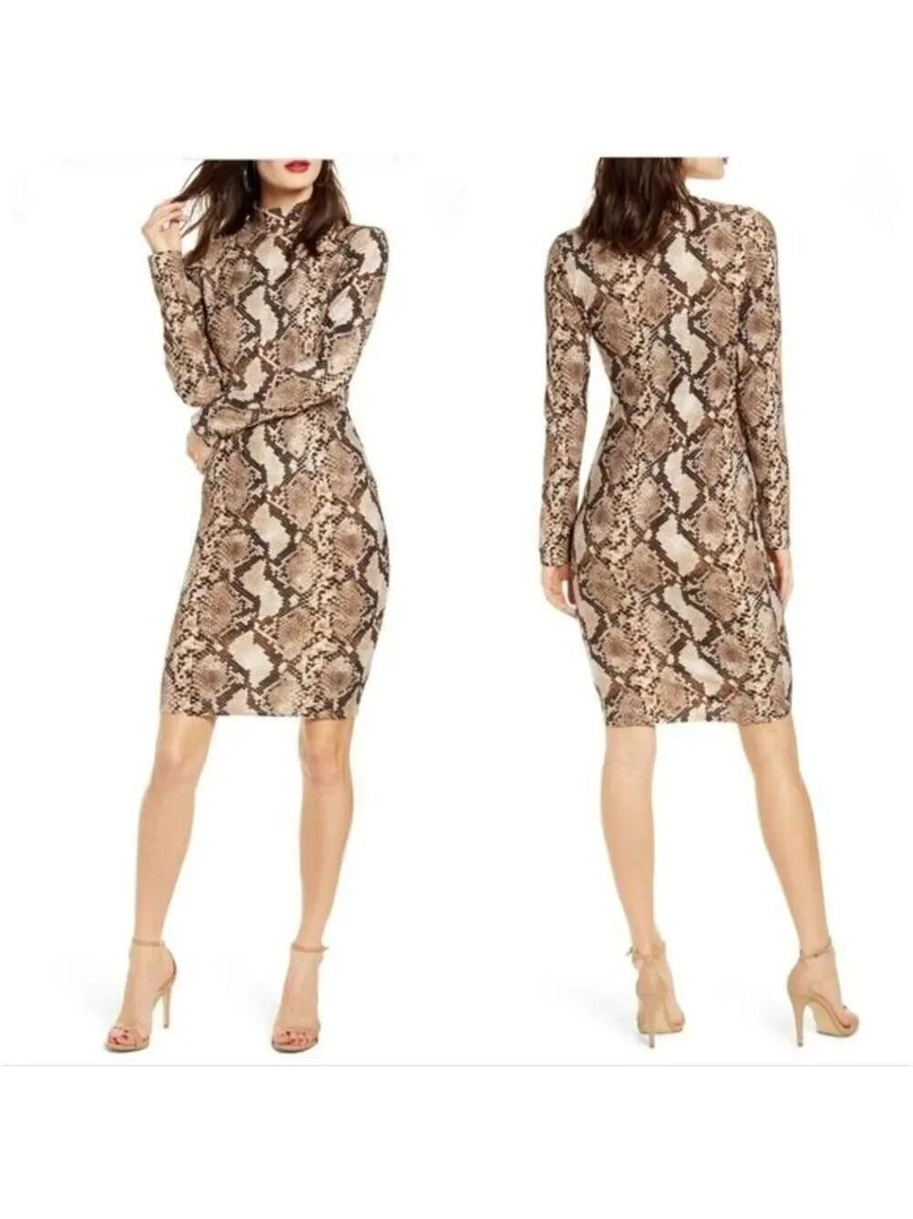LEITH Snake Print Long Sleeve Body-Con Dress